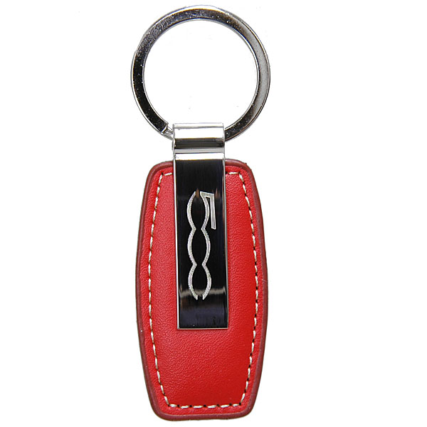 FIAT 500 Fake Leather & Plate Keyring (Red)