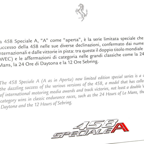 Ferrari 458 SPECIALE A Presentation Card