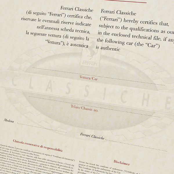 Ferrari CLASSICHE CERTIFICATA COCER Certificate