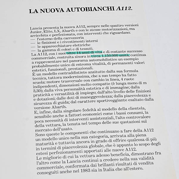 LANCIA NUOVA A112 JUNIOR ELITE LX ABARTH PRESS RELEASE 30-3-1984