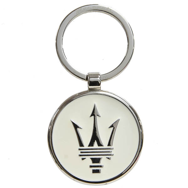 Genuine Maserati New Logo Key Ring (Round Metal / White)