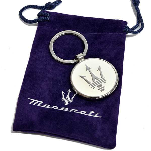 Genuine Maserati New Logo Key Ring (Round Metal / White)