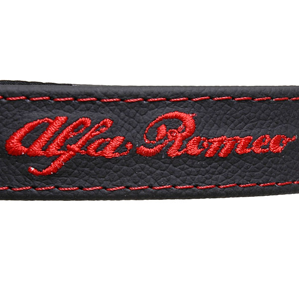 Alfa Romeoリアゲート用レザーストラップ (ブラックベース/Alfa Romeoロゴレッド)